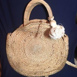 Zara Trafaluc Round Natural Jute Bucket Handbag w/Tassel Crossbody 14" Handmade